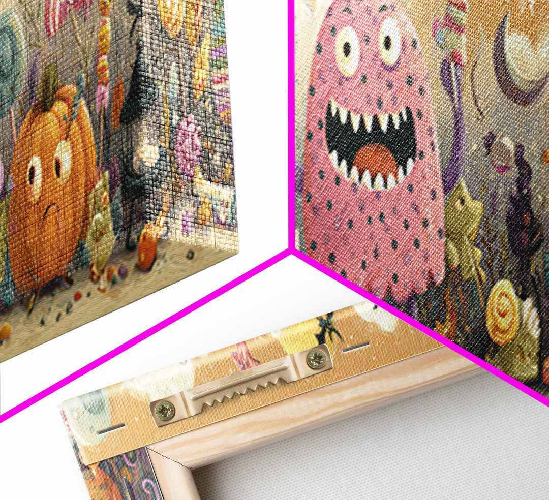 The Polka-Dot Monster, Pastel Halloween Art, Extra Wide Wall Art, Canvas Print, Cute Halloween Wall Art