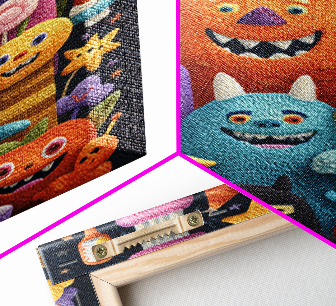 The Monster Toothbrush Club, Felt Halloween Art, Vertical Wall Art, Canvas Print, Cute Halloween Wall Art