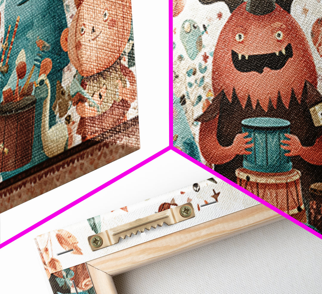 The Little Monster Orchestra, Kawaii Halloween Art, Wide Panoramic Art, Framed Canvas Print, Cute Halloween Wall Art