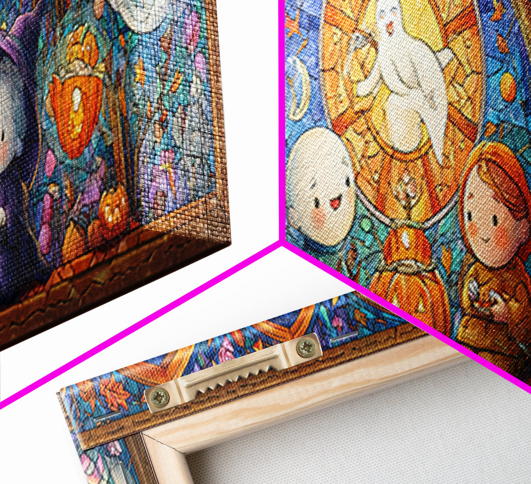 The Halloween Story Circle, Stained Glass Halloween, Extra Wide Wall Art, Canvas Print, Cute Halloween Wall Art