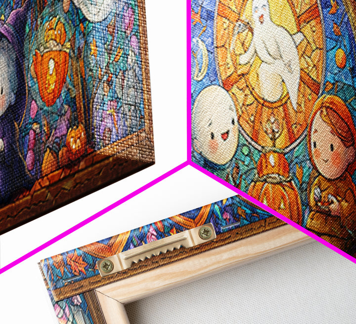The Halloween Story Circle, Stained Glass Halloween, Extra Wide Wall Art, Canvas Print, Cute Halloween Wall Art