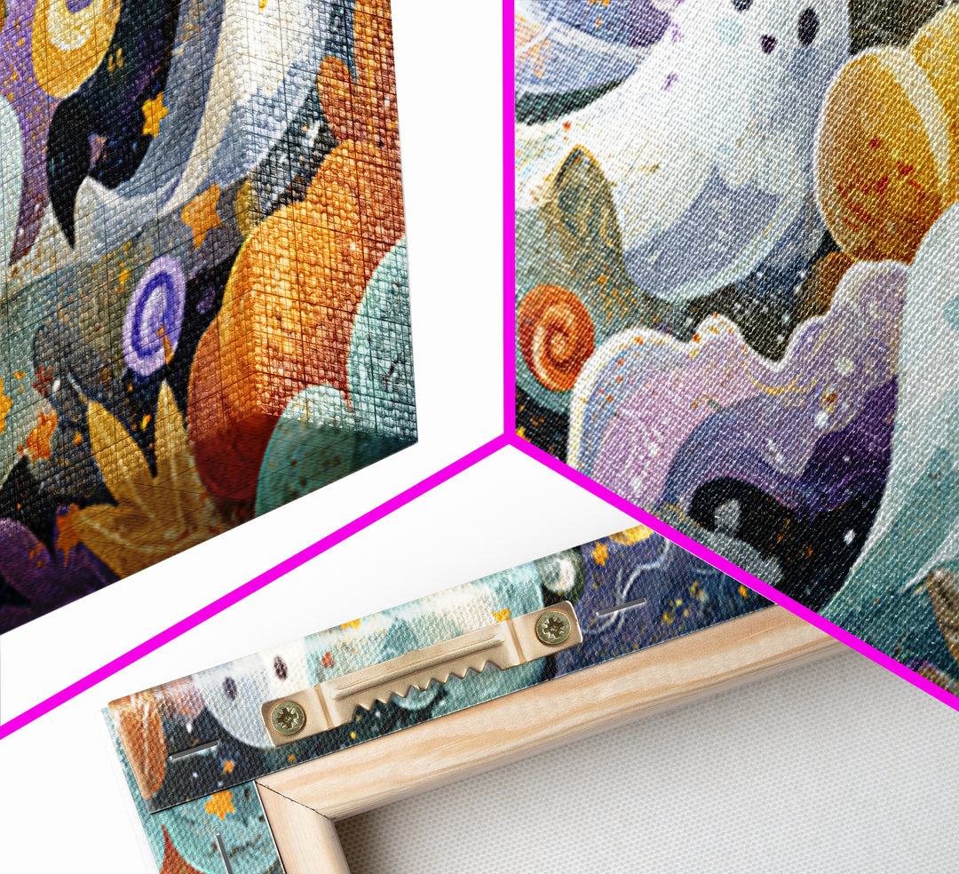 The Halloween Craft Table, Watercolor Halloween Art, Wide Panoramic Art, Framed Canvas Print, Cute Halloween Wall Art