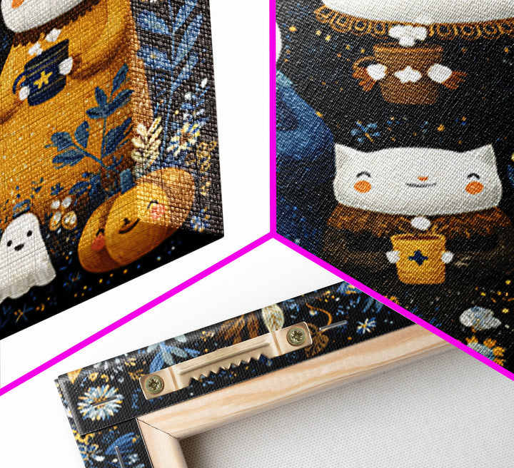 The Midnight Cocoa Party, Folk Halloween Art, Square Wall Art, Canvas Print, Cute Halloween Wall Art