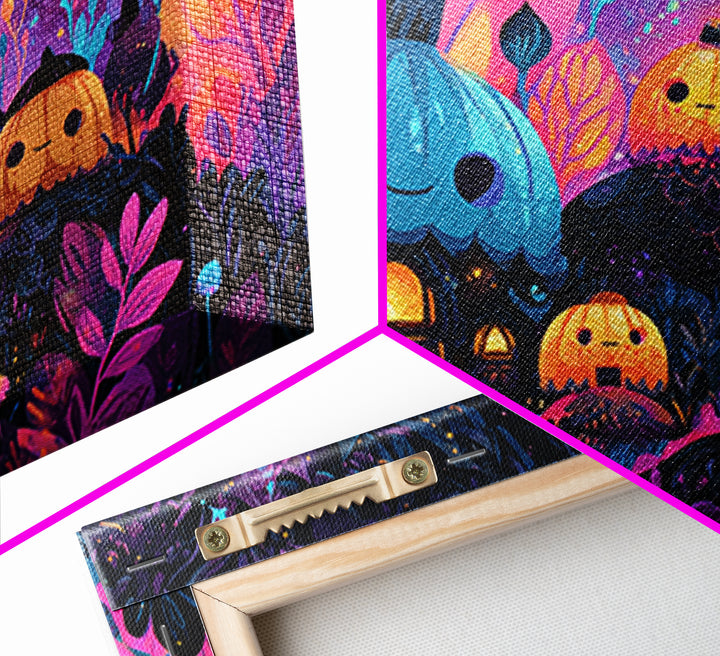 The Moonlit Acorn Village, Vaporwave Halloween Art, Landscape Wall Art, Framed Canvas Print, Cute Halloween Wall Art