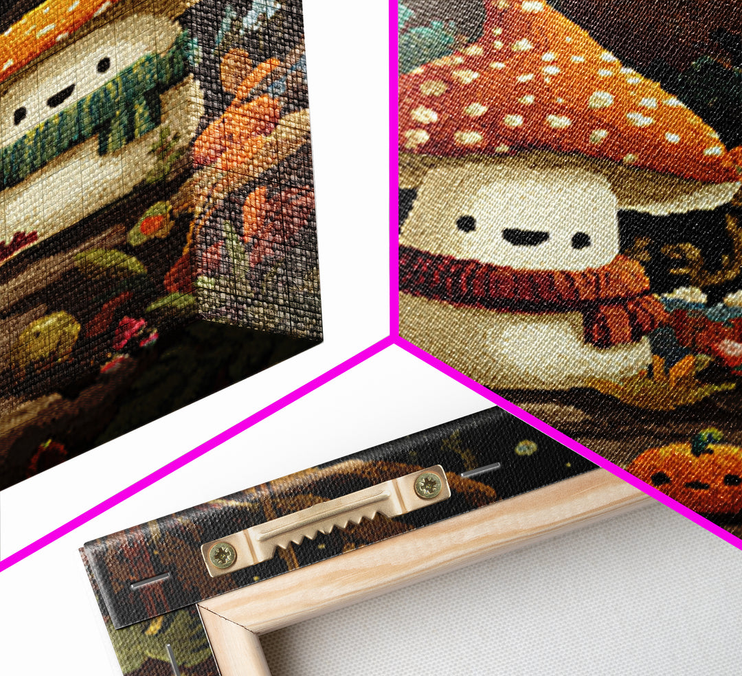 The Friendly Mushroom Forest, Pixel Halloween Art, Square Wall Art, Canvas Print, Cute Halloween Wall Art