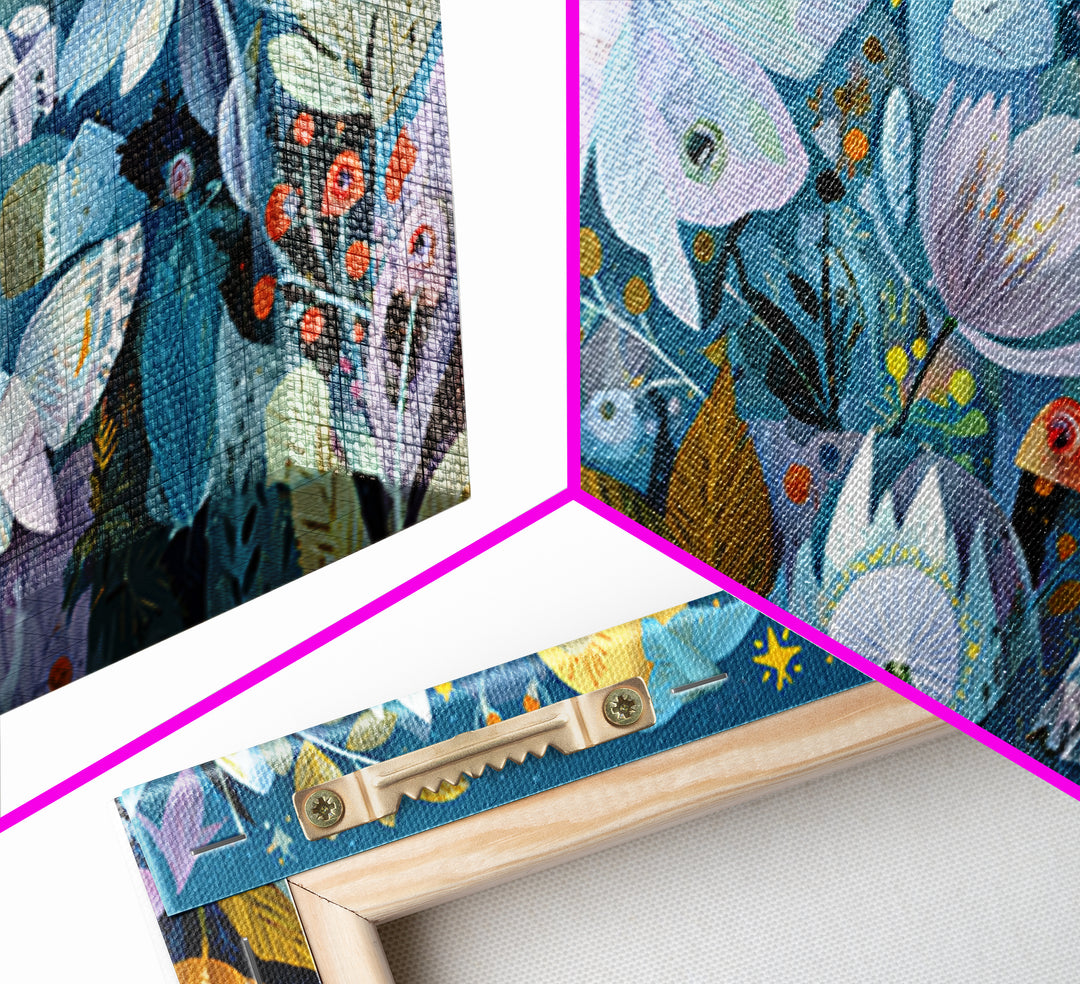 The Moon-Moth Garden, Paper Collage Halloween, Wide Panoramic Art, Framed Canvas Print, Cute Halloween Wall Art