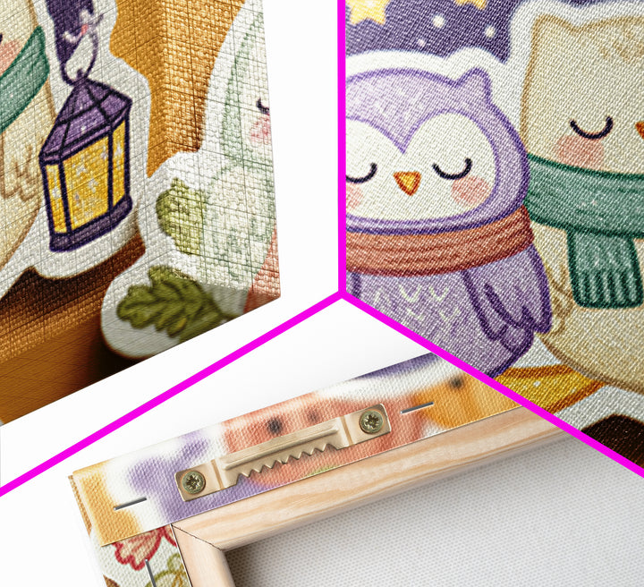 The Owl And The Crescent Moon, Kawaii Halloween Art, Landscape Wall Art, Framed Canvas Print, Cute Halloween Wall Art