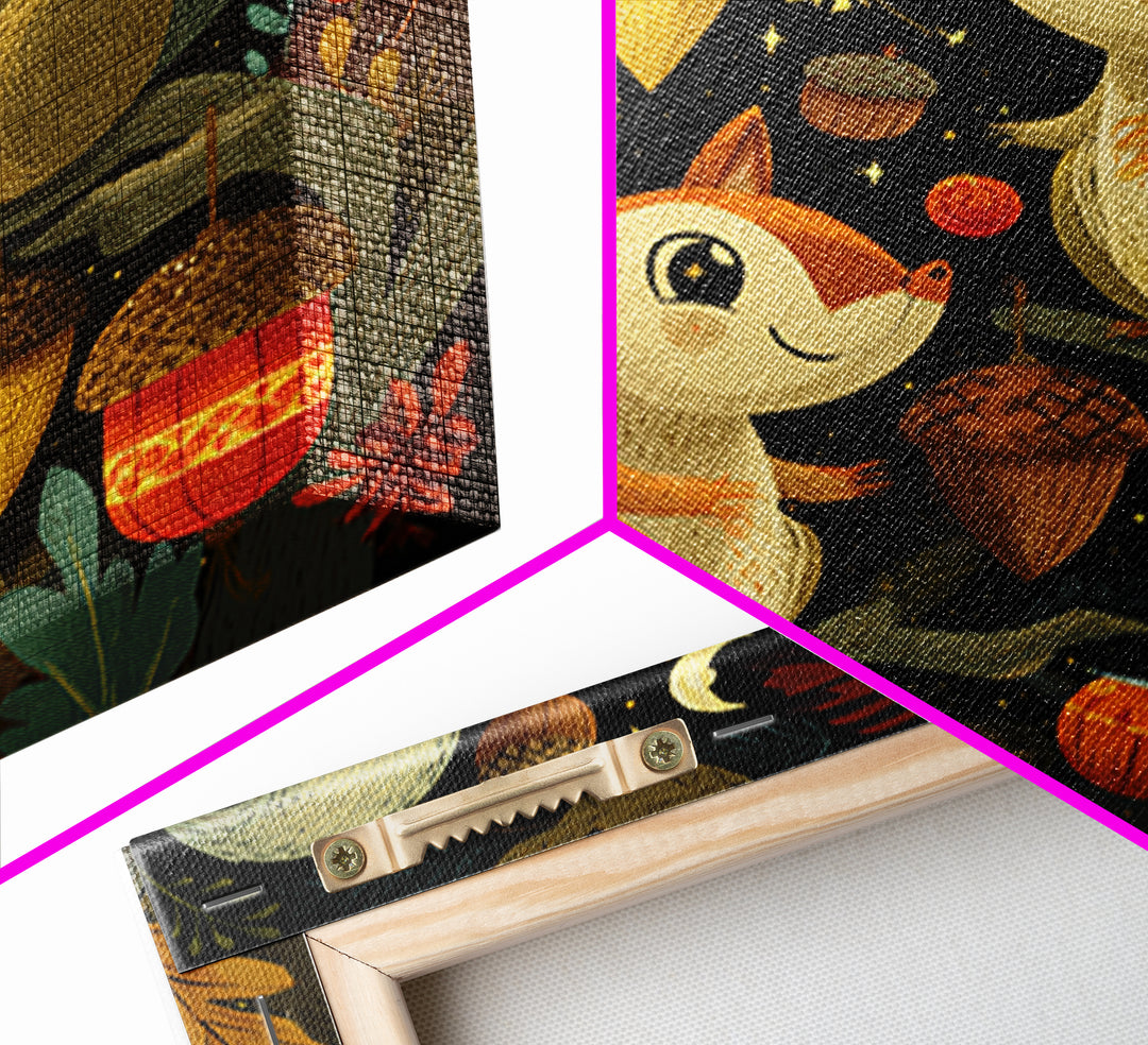 The Acorn Lantern Festival, Retro Halloween Art, Square Wall Art, Canvas Print, Cute Halloween Wall Art