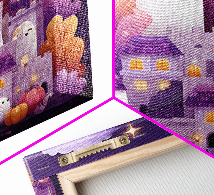 The Halloween Cloud Castle, Stained Glass Halloween, Square Wall Art, Canvas Print, Cute Halloween Wall Art