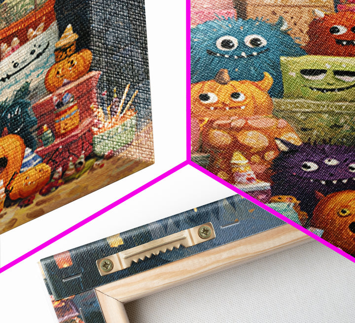 The Great Monster Pajama Party, Gouache Halloween Art, Square Wall Art, Canvas Print, Cute Halloween Wall Art