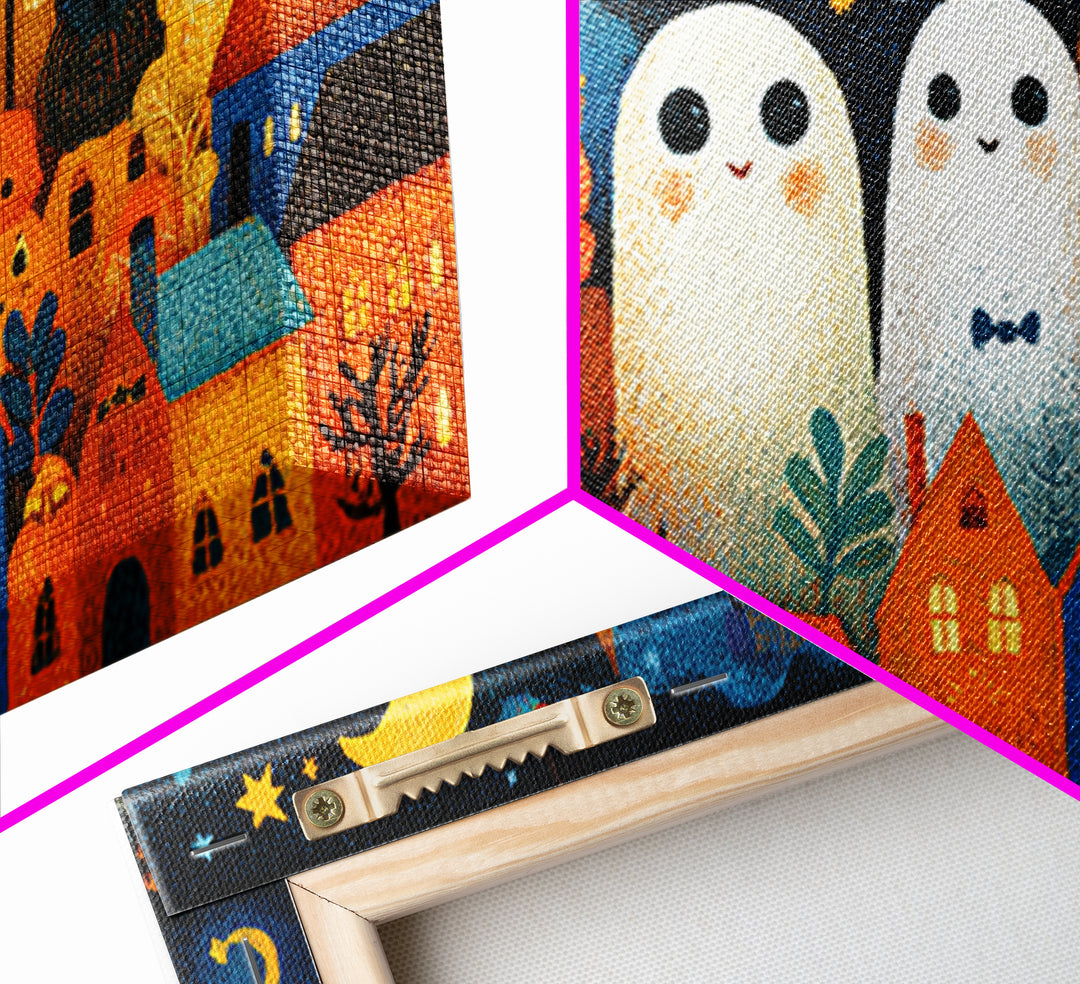 The Rainbow Halloween Night, Crayon Halloween Art, Wide Panoramic Art, Framed Canvas Print, Cute Halloween Wall Art