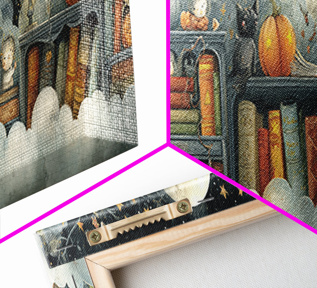 The Enchanted Halloween Library, Pastel Halloween Art, Extra Wide Wall Art, Canvas Print, Cute Halloween Wall Art