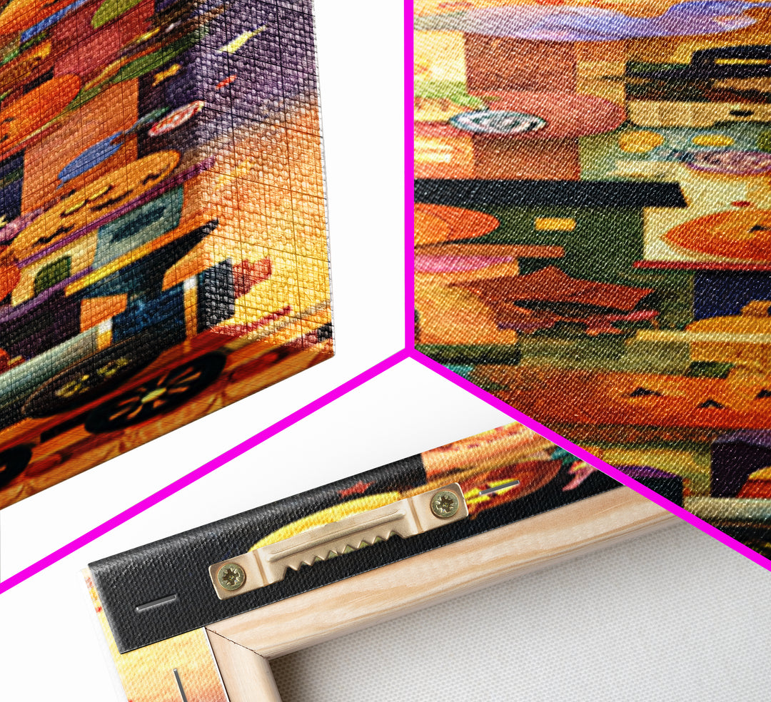 The Trick-Or-Treat Express, Paper Collage Halloween, Tall Narrow Wall Art, Framed Canvas Print, Cute Halloween Wall Art
