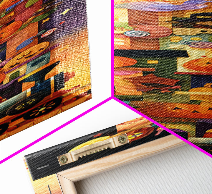 The Trick-Or-Treat Express, Paper Collage Halloween, Tall Narrow Wall Art, Framed Canvas Print, Cute Halloween Wall Art