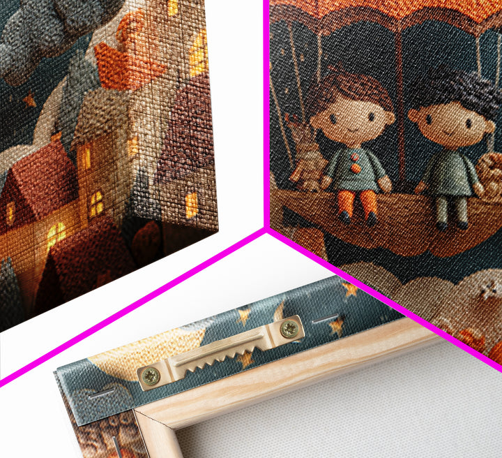 The Enchanted Umbrella Adventure, Clay Halloween Art, Landscape Wall Art, Framed Canvas Print, Cute Halloween Wall Art