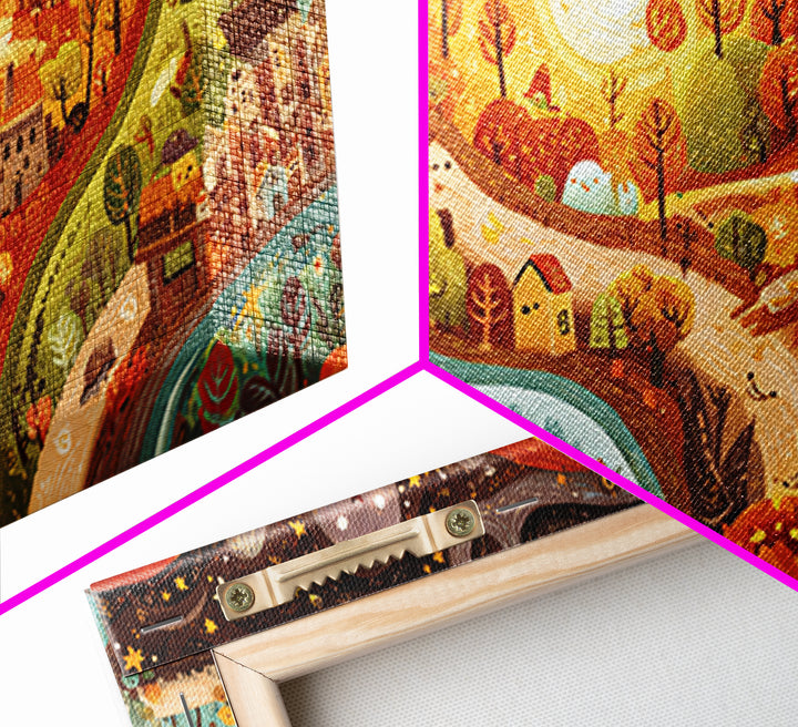 The World Inside A Lantern, Kawaii Halloween Art, Wide Panoramic Art, Framed Canvas Print, Cute Halloween Wall Art