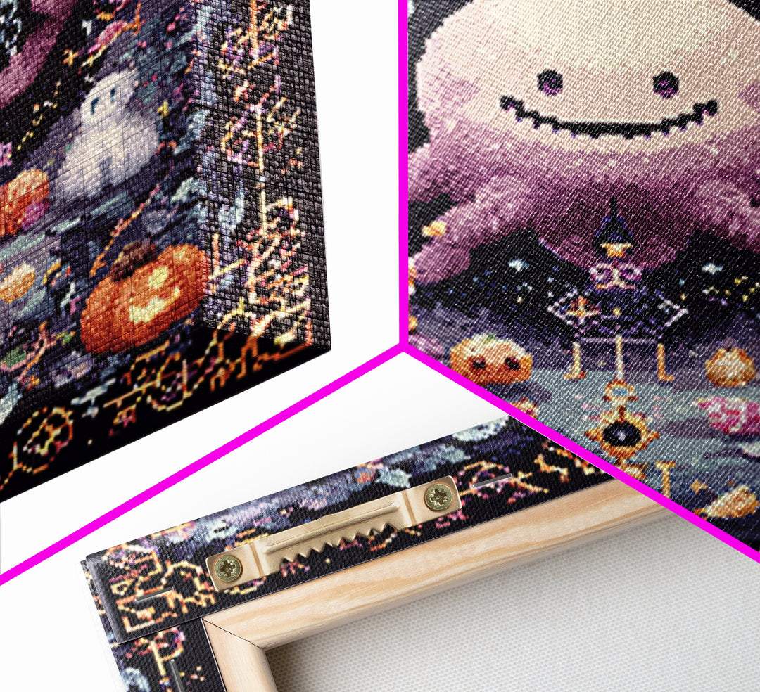 The Moonlit Shoggoth Menagerie, Pixel Halloween Art, Square Wall Art, Canvas Print, Cute Halloween Wall Art