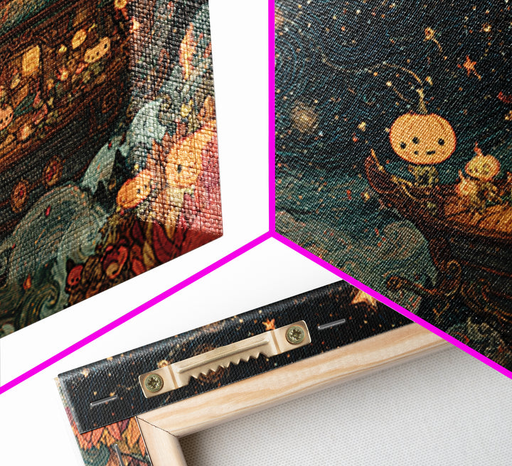 The Candelit Ark Of Forgotten Stars, Kawaii Halloween Art, Landscape Wall Art, Framed Canvas Print, Cute Halloween Wall Art
