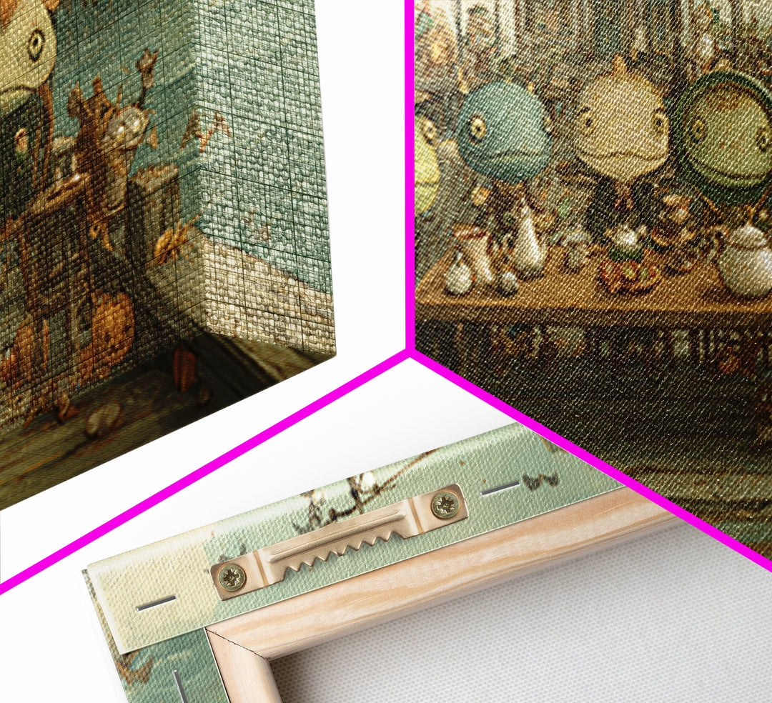 The Tea Party At Innsmouth Pier, Screenprint Halloween Art, Wide Panoramic Art, Framed Canvas Print, Cute Halloween Wall Art