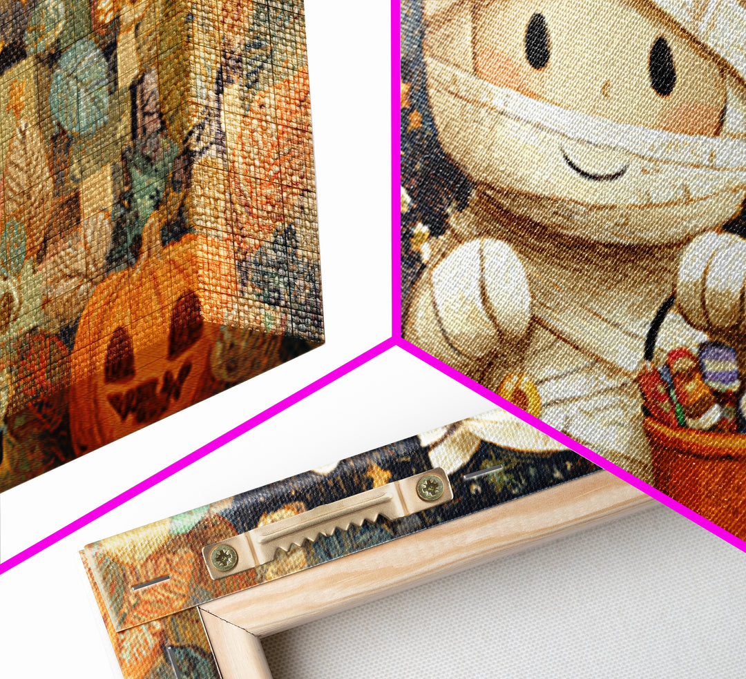 The Shy Little Mummy, Crayon Halloween Art, Wide Panoramic Art, Framed Canvas Print, Cute Halloween Wall Art