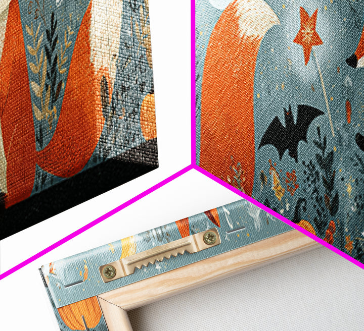 The Fox Wizard, Retro Halloween Art, Extra Wide Wall Art, Canvas Print, Cute Halloween Wall Art, Cozy Autumn Kids Decor