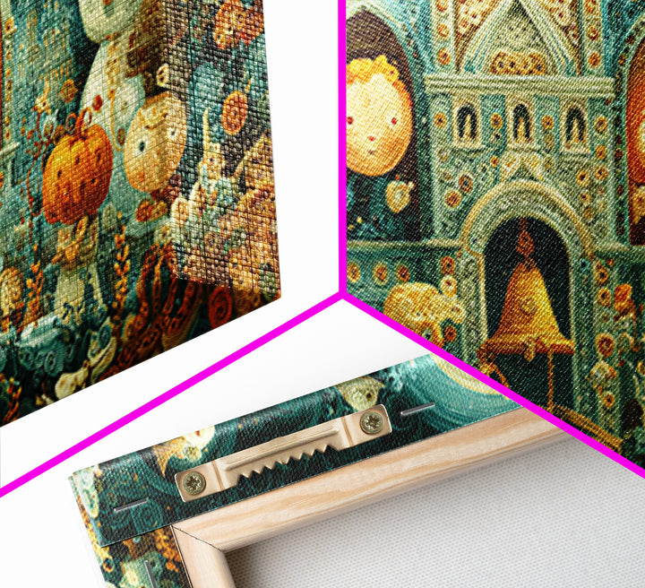 The Bellringer Of The Sunken Cathedral, Quilled Halloween Art, Wide Panoramic Art, Framed Canvas Print, Cute Halloween Wall Art