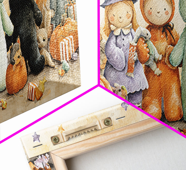 The Halloween Toy Kingdom, Watercolor Halloween Art, Wide Panoramic Art, Framed Canvas Print, Cute Halloween Wall Art