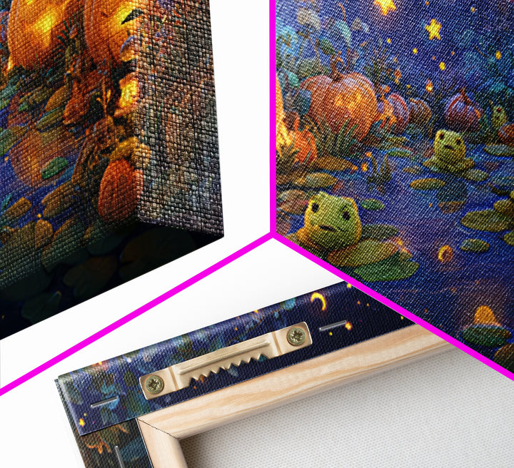 The Star-Filled Pumpkin Pond, Clay Halloween Art, Wide Panoramic Art, Framed Canvas Print, Cute Halloween Wall Art