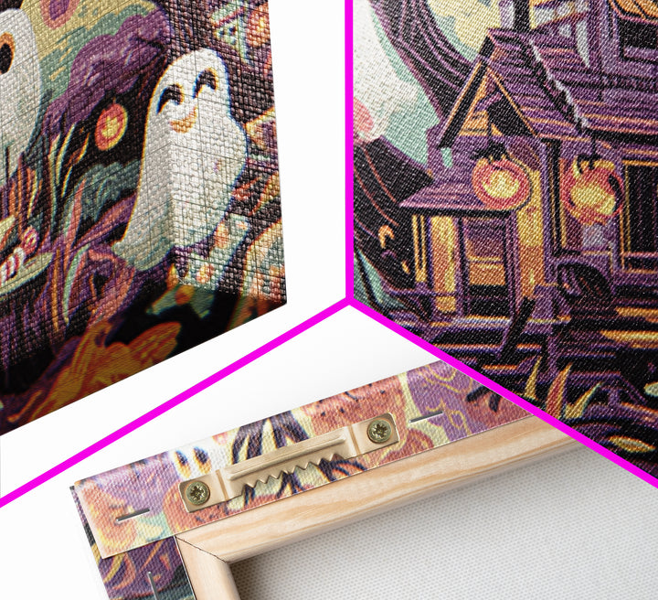 The Ghostly Treehouse, Screenprint Halloween Art, Landscape Wall Art, Framed Canvas Print, Cute Halloween Wall Art