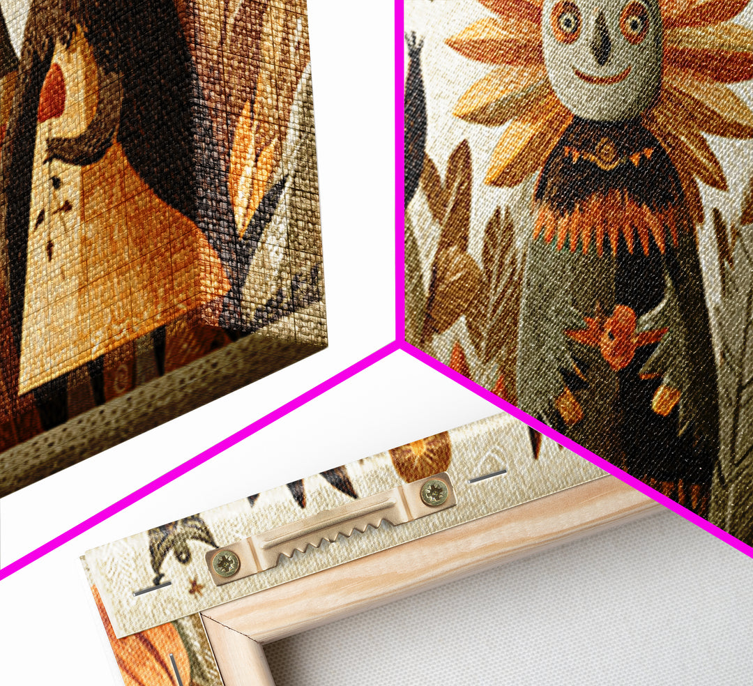 The Autumn Leaf Costume Contest, Linocut Halloween Art, Wide Panoramic Art, Framed Canvas Print, Cute Halloween Wall Art