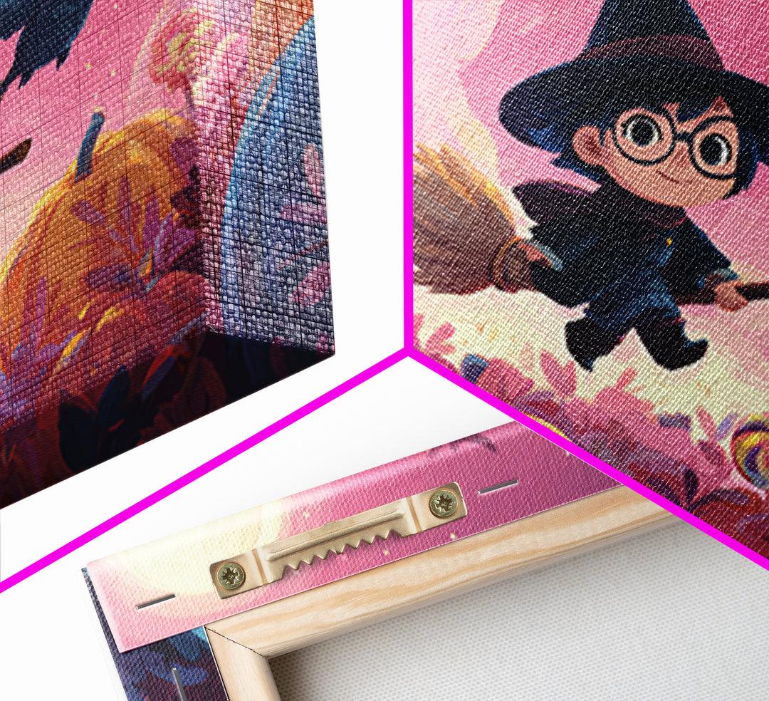 The Broomstick Riding Lesson, Vaporwave Halloween Art, Landscape Wall Art, Framed Canvas Print, Cute Halloween Wall Art