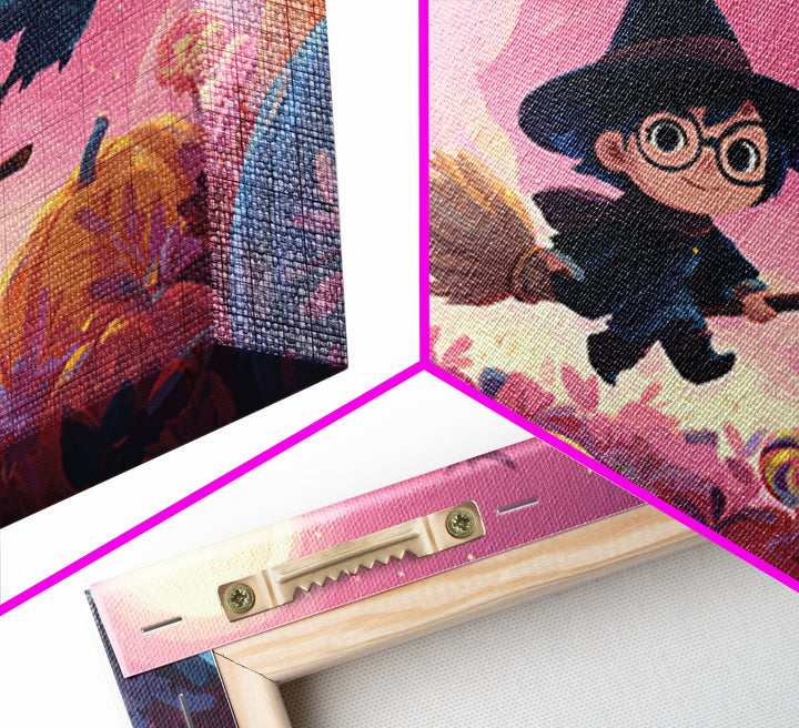 The Broomstick Riding Lesson, Vaporwave Halloween Art, Landscape Wall Art, Framed Canvas Print, Cute Halloween Wall Art