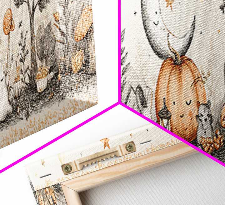The Smiling Moon Meadow, Hand Sketch Halloween Art, Extra Wide Wall Art, Canvas Print, Cute Halloween Wall Art