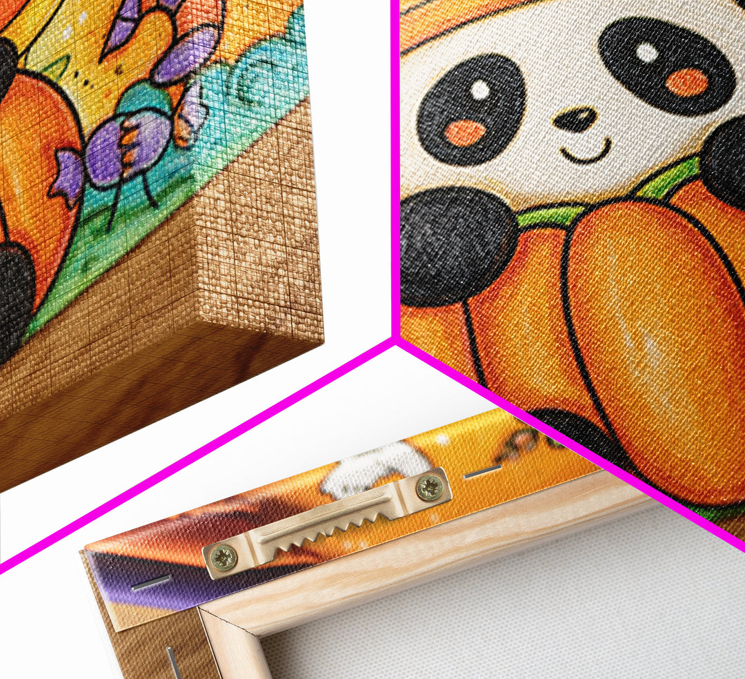 The Panda Pumpkin, Crayon Halloween Art, Landscape Wall Art, Framed Canvas Print, Cute Halloween Wall Art