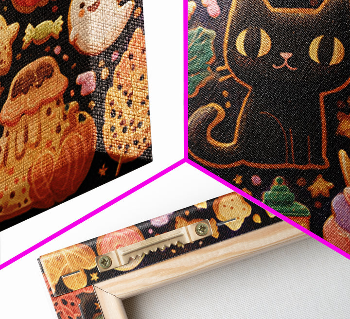 The Black Cat Baker, Kawaii Halloween Art, Landscape Wall Art, Framed Canvas Print, Cute Halloween Wall Art