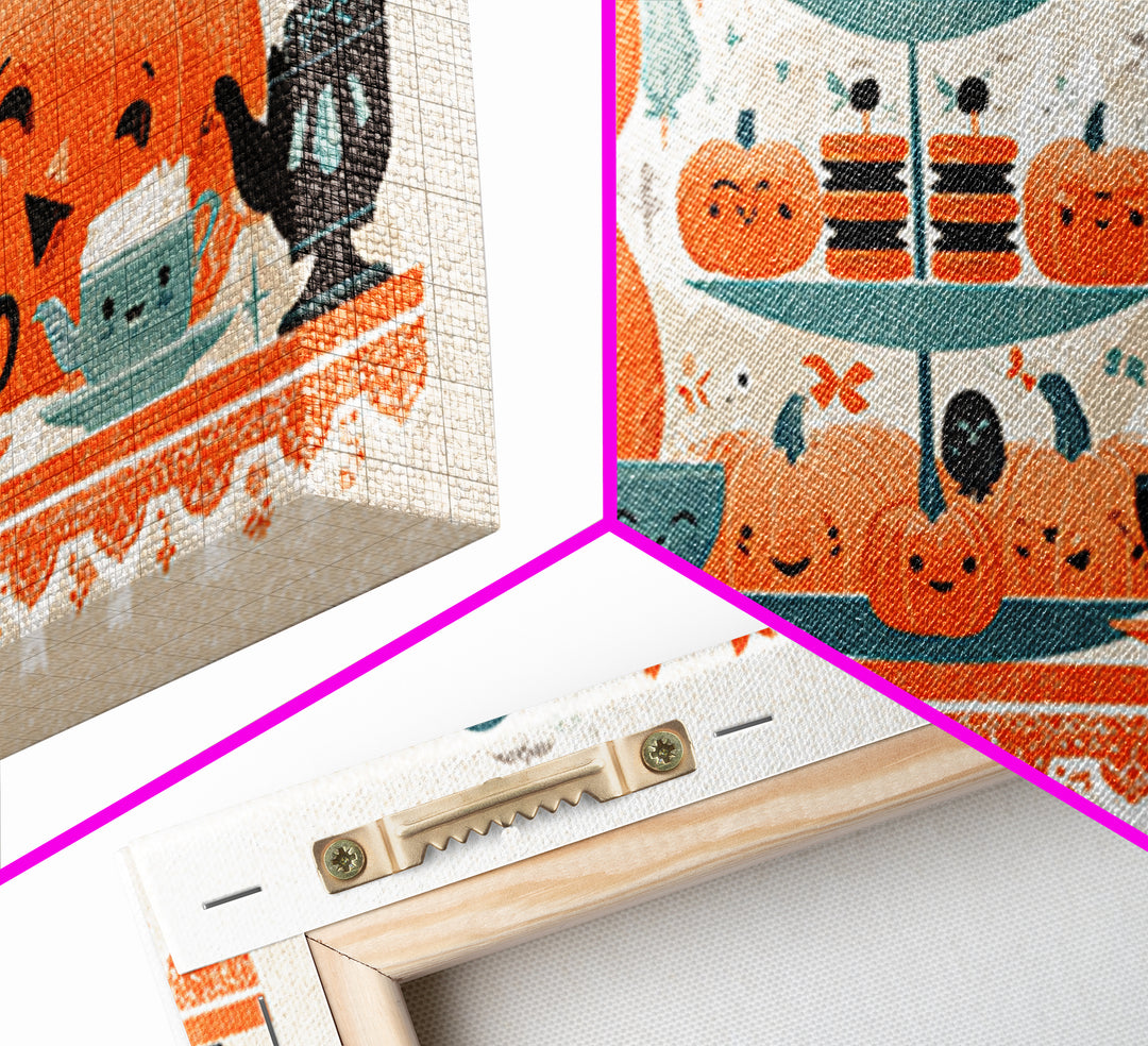 The Pumpkin Tea Party, Screenprint Halloween Art, Wide Panoramic Art, Framed Canvas Print, Cute Halloween Wall Art
