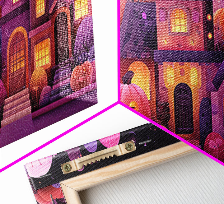 Pumpkin Cottage Lane, Vaporwave Halloween Art, Wide Panoramic Art, Framed Canvas Print, Cute Halloween Wall Art
