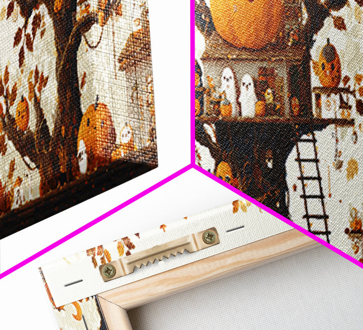 The Pumpkin Treehouse, Pixel Halloween Art, Extra Wide Wall Art, Canvas Print, Cute Halloween Wall Art