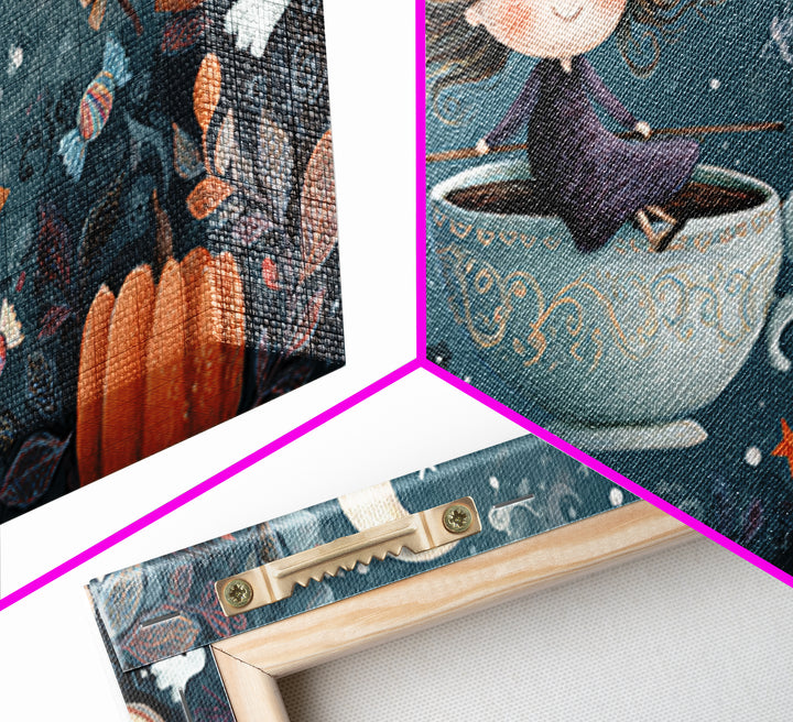 The Teacup Witch, Crayon Halloween Art, Wide Panoramic Art, Framed Canvas Print, Cute Halloween Wall Art