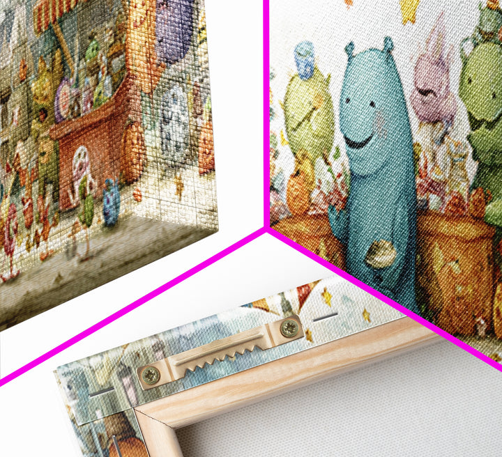The Friendly Monster Market, Pastel Halloween Art, Extra Wide Wall Art, Canvas Print, Cute Halloween Wall Art