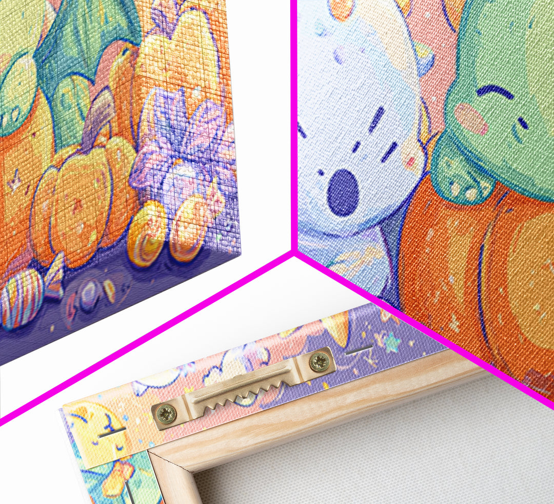 The Sleepy Costume Dragon, Kawaii Halloween Art, Wide Panoramic Art, Framed Canvas Print, Cute Halloween Wall Art