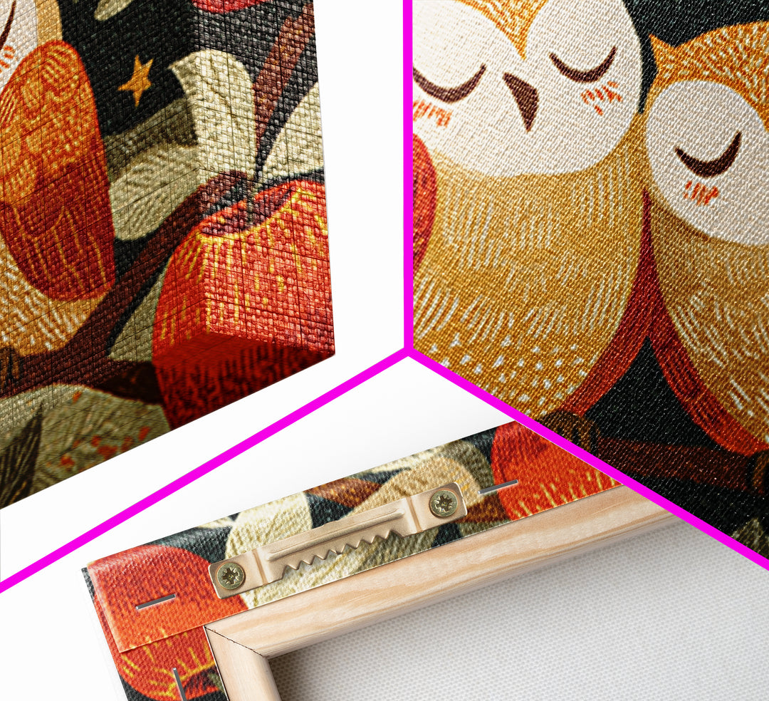 The Sleepy Owl Orchard, Linocut Halloween Art, Landscape Wall Art, Framed Canvas Print, Cute Halloween Wall Art