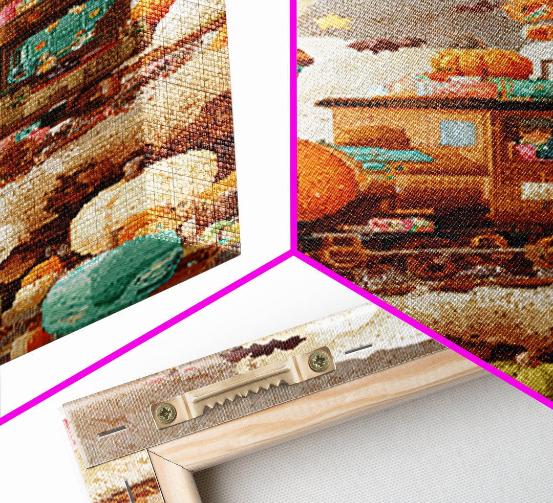 The Chocolate Pumpkin Train, Pixel Halloween Art, Vertical Wall Art, Canvas Print, Cute Halloween Wall Art