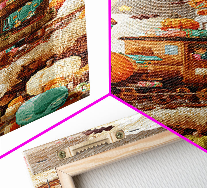 The Chocolate Pumpkin Train, Pixel Halloween Art, Vertical Wall Art, Canvas Print, Cute Halloween Wall Art