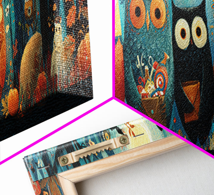The Owl Postmaster, Gouache Halloween Art, Extra Wide Wall Art, Canvas Print, Cute Halloween Wall Art