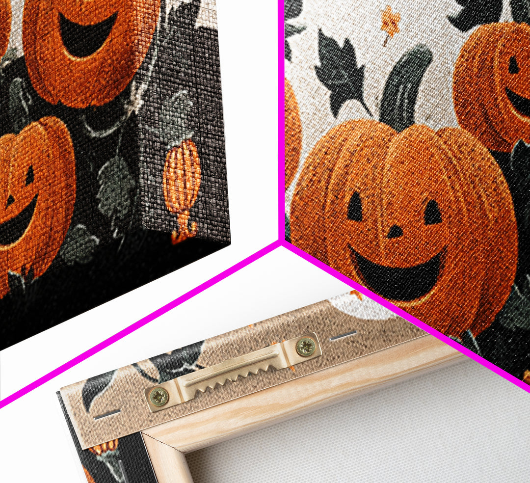 The Singing Pumpkin Patch, Linocut Halloween Art, Wide Panoramic Art, Framed Canvas Print, Cute Halloween Wall Art