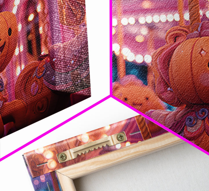 The Pumpkin Carousel, Vaporwave Halloween Art, Landscape Wall Art, Framed Canvas Print, Cute Halloween Wall Art