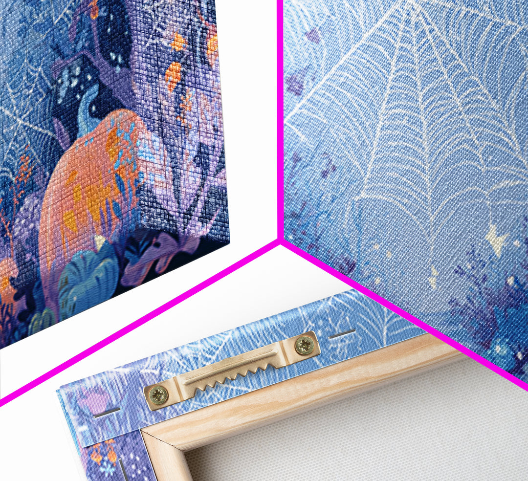 The Great Cobweb Knitting Contest, Vector Halloween Art, Wide Panoramic Art, Framed Canvas Print, Cute Halloween Wall Art