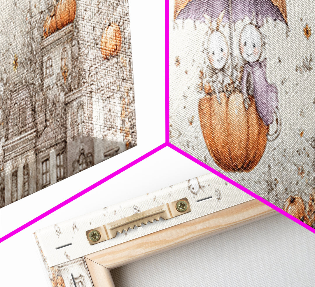 The Enchanted Umbrella Adventure, Hand Sketch Halloween Art, Extra Wide Wall Art, Canvas Print, Cute Halloween Wall Art