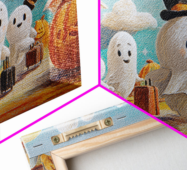 The Friendly Ghost Hotel, Crayon Halloween Art, Landscape Wall Art, Framed Canvas Print, Cute Halloween Wall Art